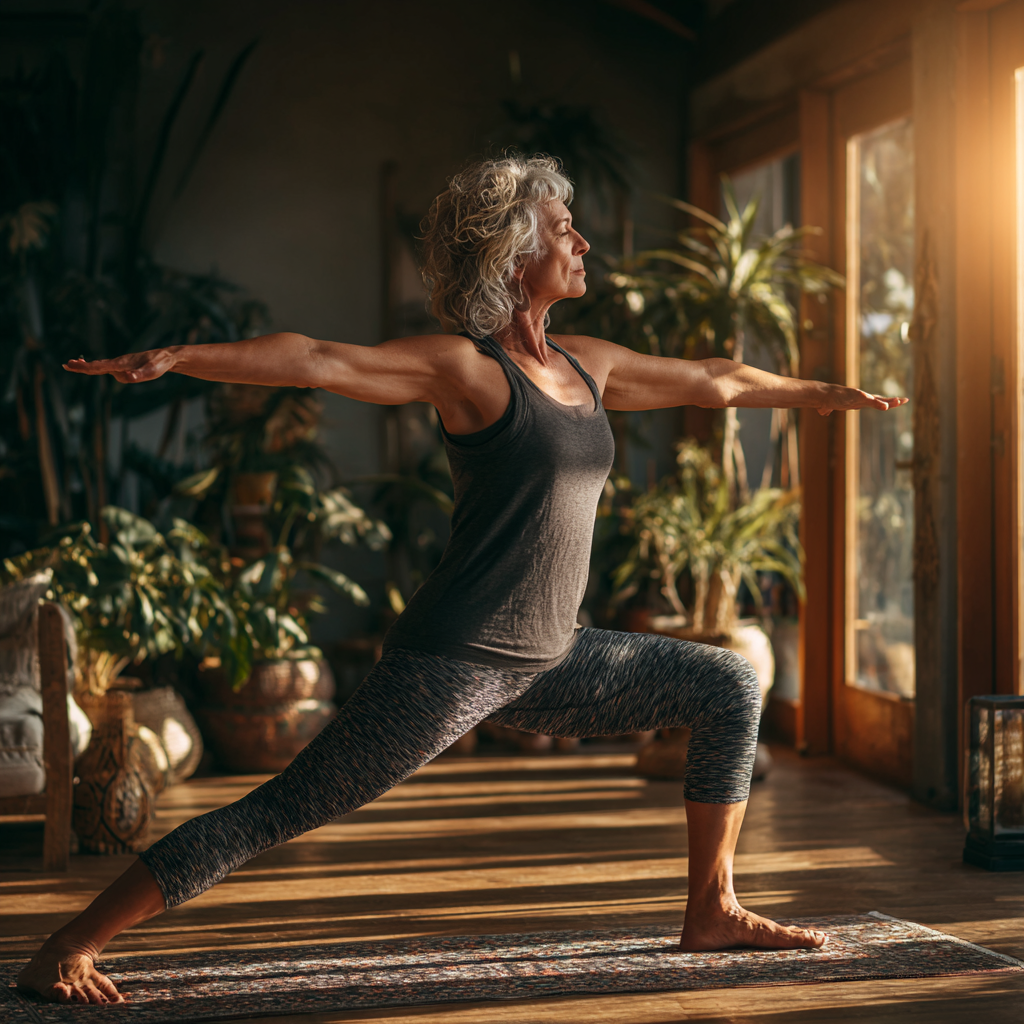 Mature woman in her late forties practicing yoga meditation pose on a mat in a peaceful studio environment with natural lighting