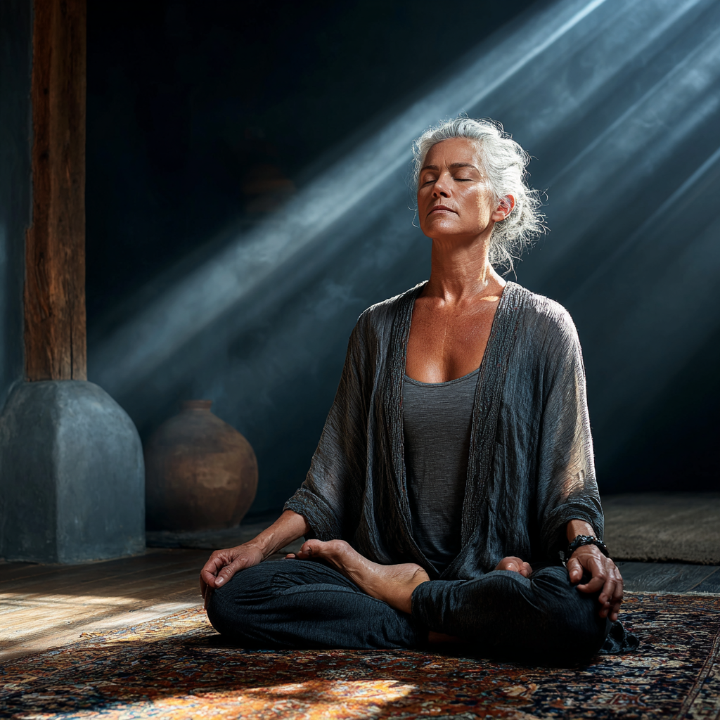 Mature woman in her early fifties in a serene yoga warrior pose on a wooden floor in a bright studio with plants and natural light creating a peaceful atmosphere